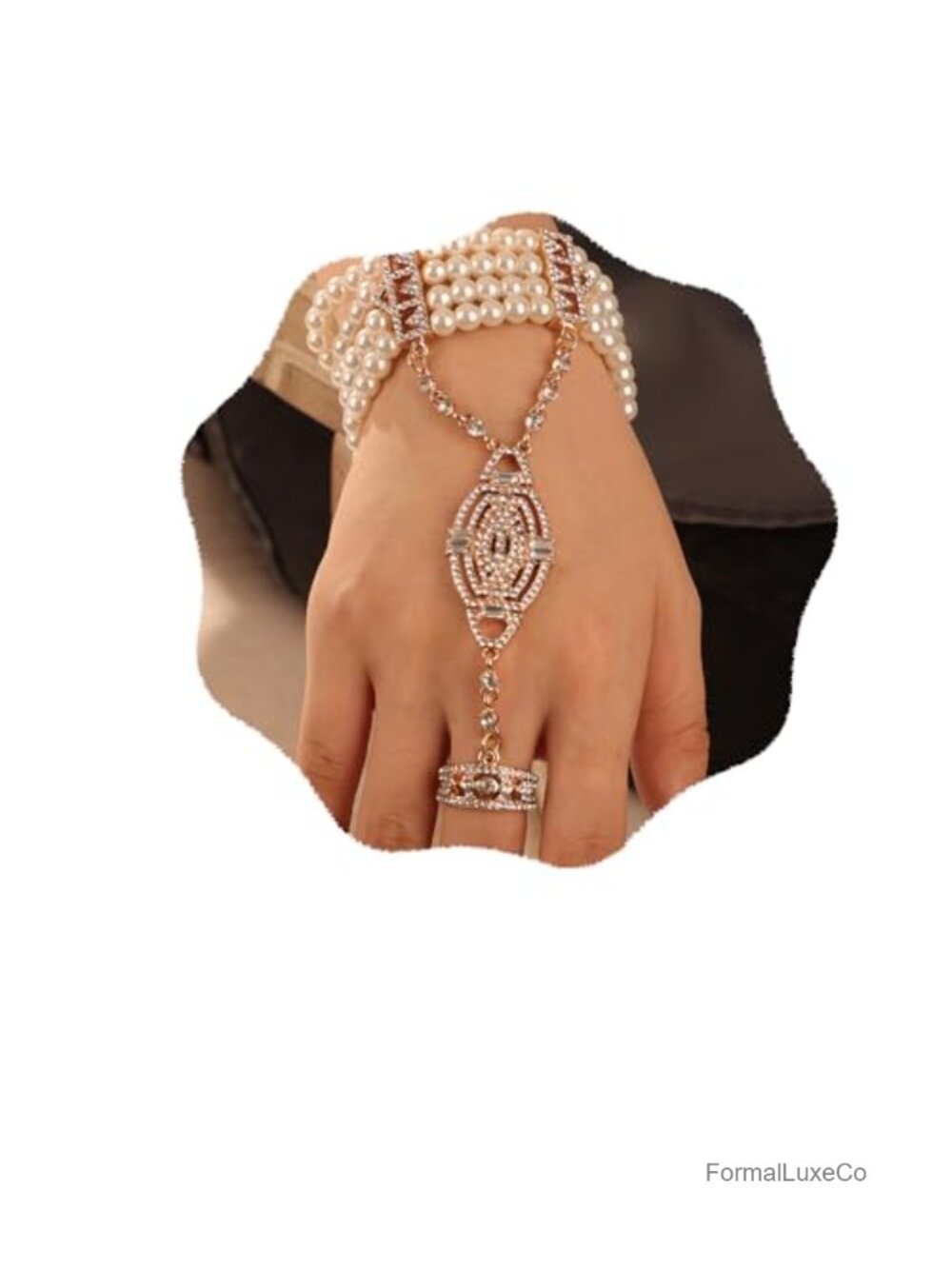 1920s Flapper Pearl Bracelet Finger Ring Link Rhinestone Crystal Harness Chain